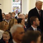 Donald Trump arrives at St. John's Church as Big Tech oligarchs sit behind him and podcaster Joe Rogan looks on nearby.