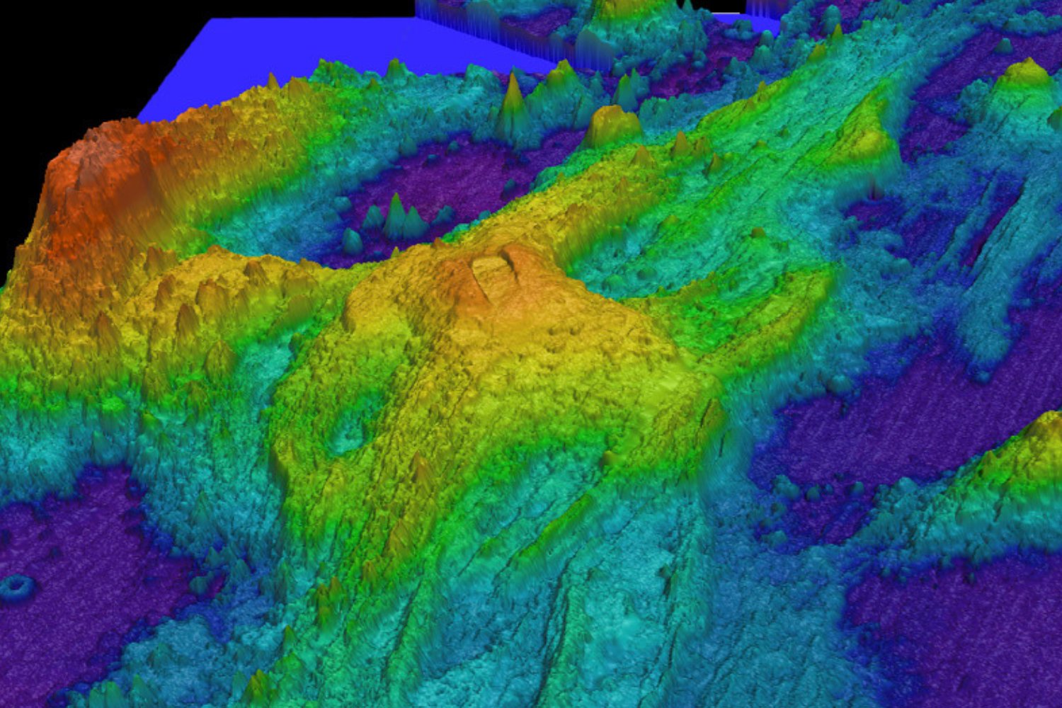 An exaggerated bathymetric image of the Axial Seamount off the Oregon coast.