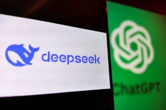 A computer screen with DeepSeek's corporate logo, a blue whale, next to OpenAI's corporate logo, a stylized spiral.