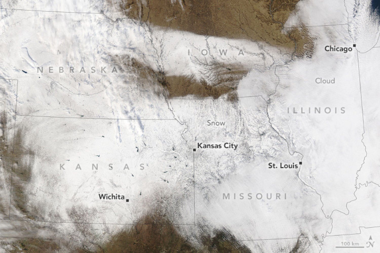 Snow across the Midwest, as seen by satellites.