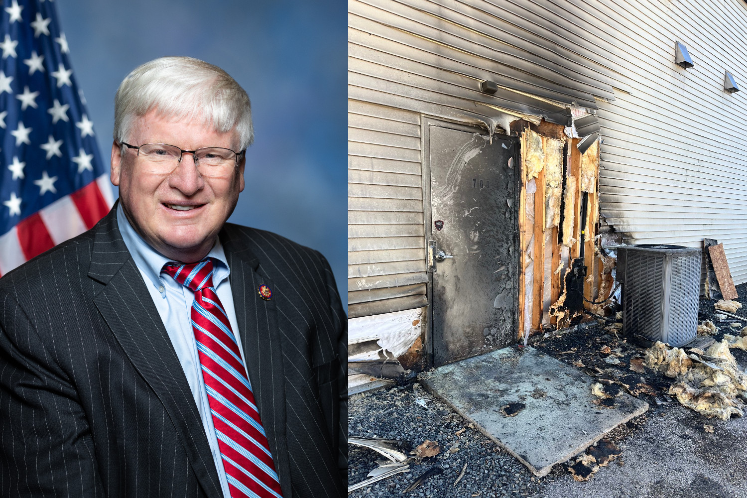 Rep. Glenn Grothman (left) and a local congressional office in Fond Du Lac, Wisconsin where an arsonist allegedly set fire because he was upset about the TikTok ban.