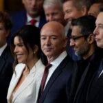 Mark Zuckerberg, Lauren Sanchez, Jeff Bezos, Sundar Pichai and Elon Musk stand in a line during the Inauguration of Donald J. Trump in the U.S. Capitol Rotunda.