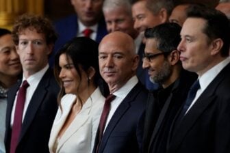 Mark Zuckerberg, Lauren Sanchez, Jeff Bezos, Sundar Pichai and Elon Musk stand in a line during the Inauguration of Donald J. Trump in the U.S. Capitol Rotunda.