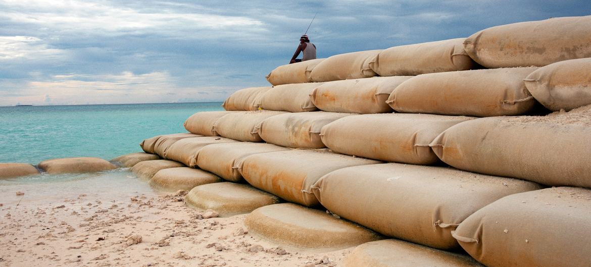 A man fishes sitting on sandbags which protect the Pacific Ocean island nation Tuvalu against sea erosion.