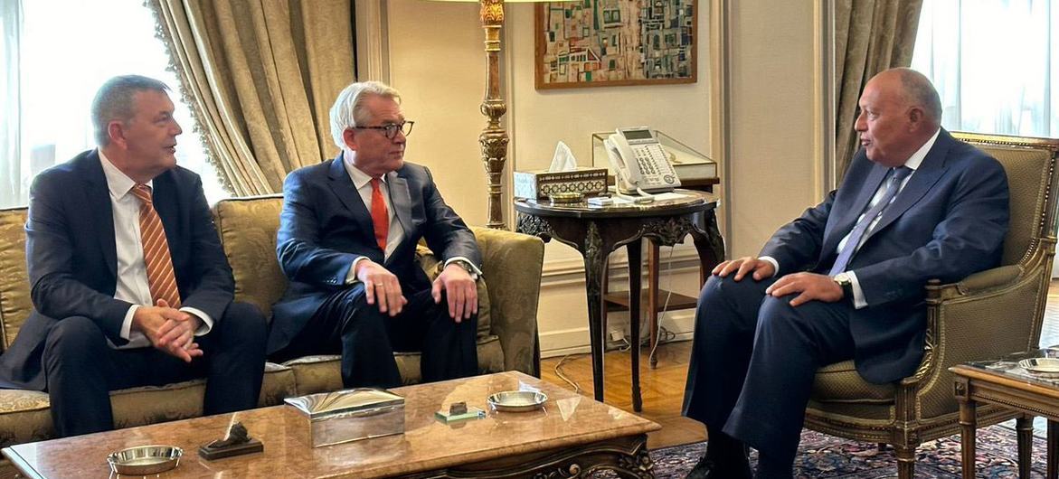 Tor Wennesland (centre), UN Special Coordinator for the Middle East, and Philippe Lazzarini, head of the UN relief agency for Palestine refugees (UNRWA), meet with Egypt's Foreign Minister Sameh Hassan Shoukry Selim (right) to discuss the conflict.