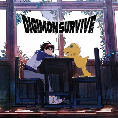 Digimon Survive showing a character and digital monster conversing at a table.