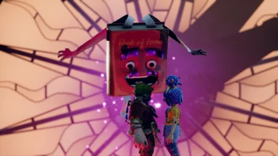 It Takes Two screenshot showing two characters in front of a book with eyes and a mouth.