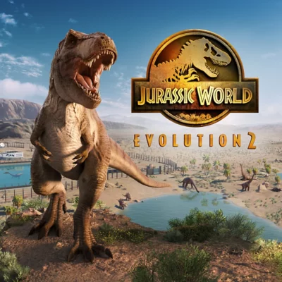 Jurassic World Evolution 2 showing a Tyrannosaurus rex and other dinosaurs dinosaurs in a desert landscape