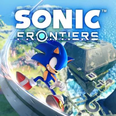 Sonic Frontiers key art showing Sonic sliding on a metal surface with red shoes