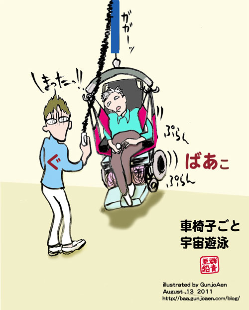 介護リフトでの移乗介助中、介護者が釣具の装着を間違い、車椅子ごと吊り上げてしまい焦っているイラスト