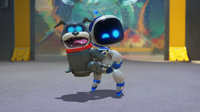 Astro Bot, a small white robot with blue lights, holding a robotic dog with a red collar.