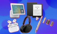 collage of airpods pro, echo show 10, kindle paperwhite, sony headphones, and shark flexstyle