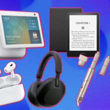 collage of airpods pro, echo show 10, kindle paperwhite, sony headphones, and shark flexstyle