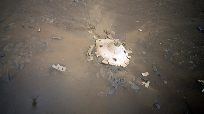 A bird's-eye-view of debris from the Perseverance rover's landing capsule on Mars.