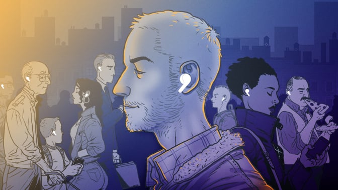 A drawing of a man in the foreground with wireless headphones on, in a busy area with many others with wireless headphones on in the background. 