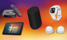 Amazon Echo Buds, Sonos Move 2, Fire HD 8 tablet, Roku Ultra, and Garmin vivofit jr. with colorful background