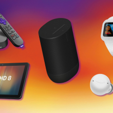 Amazon Echo Buds, Sonos Move 2, Fire HD 8 tablet, Roku Ultra, and Garmin vivofit jr. with colorful background