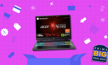 Acer Nitro gaming laptop with lit up keyboard on pink grid background with various shopping-related icons throughout