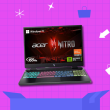 Acer Nitro gaming laptop with lit up keyboard on pink grid background with various shopping-related icons throughout