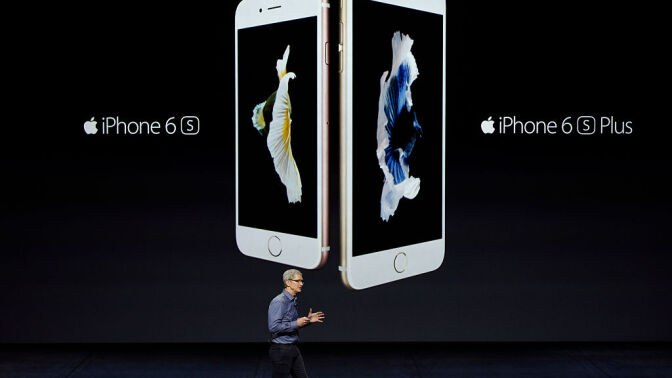 Tim Cook, chief executive officer of Apple Inc., introduces the Apple Inc. iPhone 6s and 6s Plus during an Apple product announcement