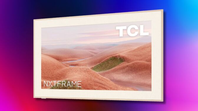 tcl nxtframe tv angled on a pink, blue, and black gradient background