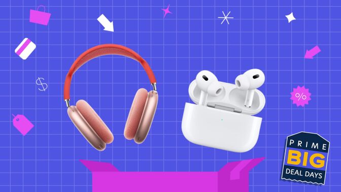 grid blue and pink background with prime day bug and pink airpods max and airpods pro in the center