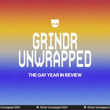 grindr logo and text "grindr unwrapped, the gay year in review" in front of a rainbow background