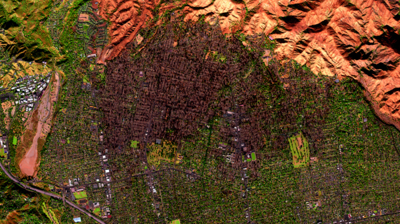 A view of burning and damage from the Eaton Fire as captured by the AVIRIS-3 instrument.