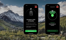 iphone 14 screenshots of emergency sos via satellite feature against a backdrop of remote mountains