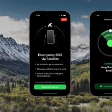 iphone 14 screenshots of emergency sos via satellite feature against a backdrop of remote mountains