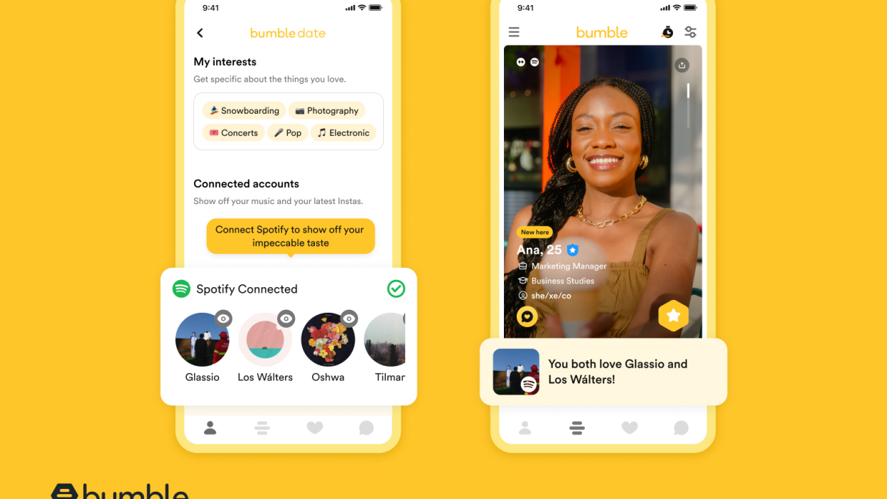 screenshots of bumble app spotify integration