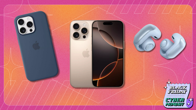 An iPhone 14 Pro in gold, a blue iPhone case, and a pair of bose earbuds on a pink and orange background with the text "Black Friday Cyber Monday" overlaid.