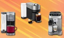 a keurig coffee maker, nespresso machine, and de'longhi espresso machine on an orange background