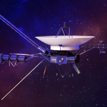 An artist's rendering of Voyager 1 against a starry background