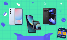 prime day illustration in teal and blue with unlocked phones from Google, Samsung, and Motorola