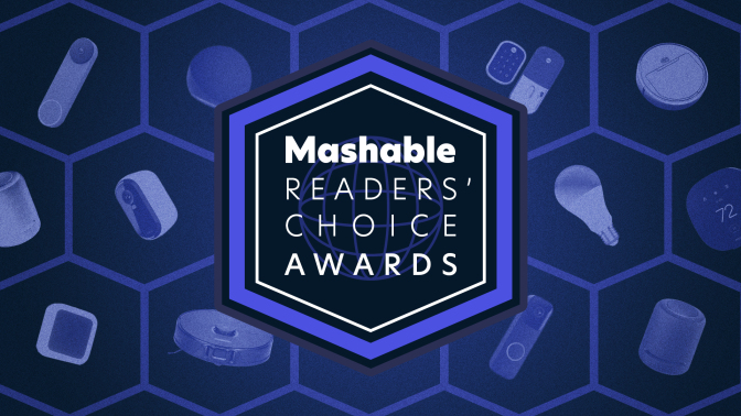 Mashable Readers' Choice Award logo against background of smart home gear