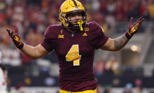 Cam Skattebo #4 of the Arizona State Sun Devils celebrates after his rushing touchdown against the Iowa State Cyclones during the second quarter of the Big 12 Championship game at AT&T Stadium on December 07, 2024 in Arlington, Texas.