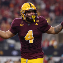 Cam Skattebo #4 of the Arizona State Sun Devils celebrates after his rushing touchdown against the Iowa State Cyclones during the second quarter of the Big 12 Championship game at AT&T Stadium on December 07, 2024 in Arlington, Texas.