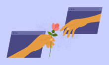 Partner gives flower for darling from virtual window frame