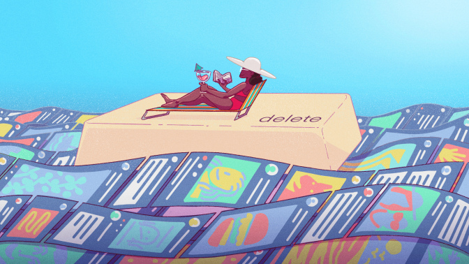 Illustration of woman in a bathing suit on a chaise floating on a delete button over a sea of apps