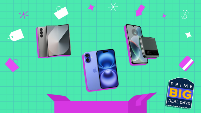 An illustrated Prime Day background with a Samsung Fold, iPhone 16, and Motorola Razr