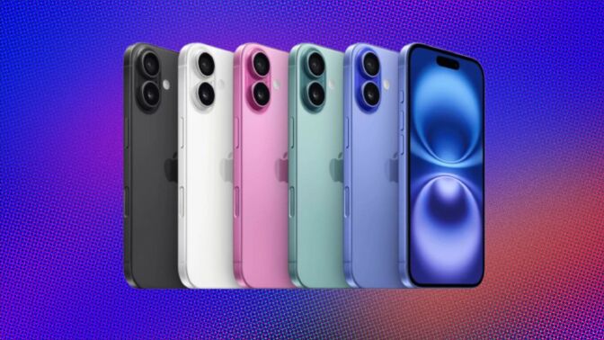 6 iPhone 16S phones appear on a multi-colored background.