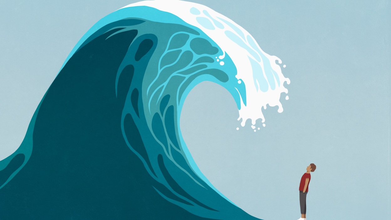 A illustrated person under a wave that's about to crash. 