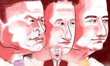 Elon Musk, Mark Zuckerberg and Jeff Bezos loom in the background of an illustration with Donald Trump smaller, in the foreground