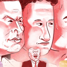 Elon Musk, Mark Zuckerberg and Jeff Bezos loom in the background of an illustration with Donald Trump smaller, in the foreground