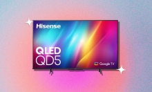 Hisense QLED TV and sparkle graphics on blue, orange, and pink background