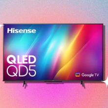 Hisense QLED TV and sparkle graphics on blue, orange, and pink background