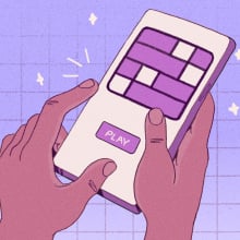 Illustration of hands holding a mobile device with a puzzle game screen and a 'Play' button, set against a purple grid background with sparkles