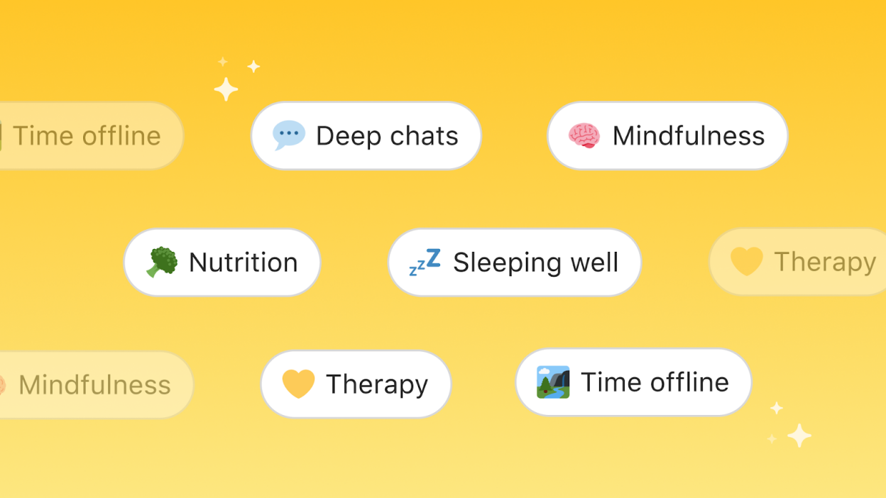 bumble badges that read "deep chats," "mindfulness," "nutrition," "sleeping well," "therapy," and "time offline" in front of yellow background