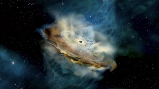 An artist's conception of a black hole's corona, which are the pale swirls above and below the black hole.